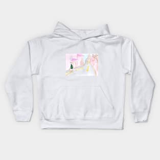 cityscape, city, landscape, background, street, road, architecture, house, houses, watercolor, hand-drawn, illustration, design Kids Hoodie